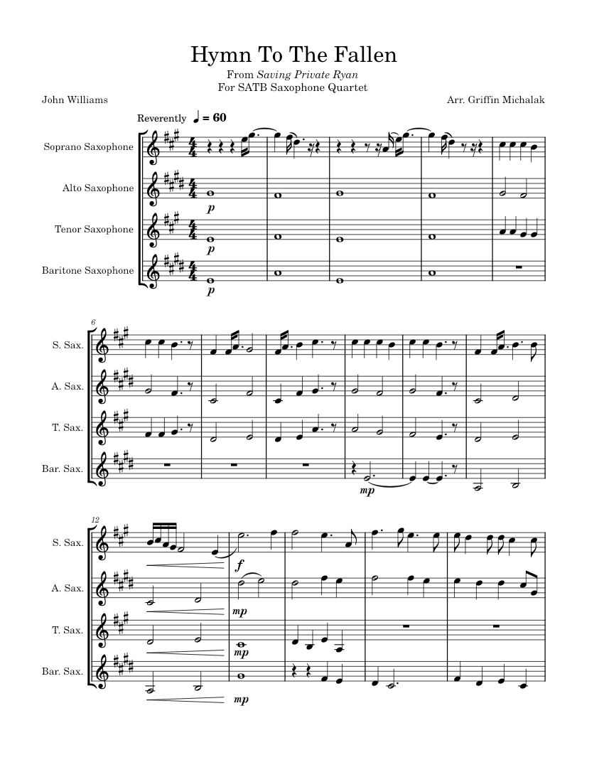 戦没者への賛歌　吹奏楽譜 John Williams 戦没者への賛歌 – ジョン・ウィリアムズ SATBサクソフォーン四重奏の