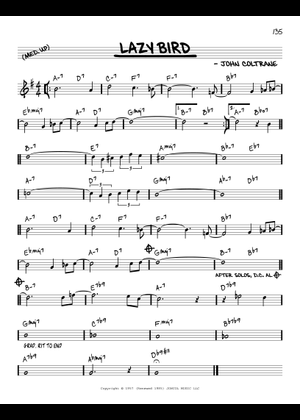 Lazy Bird - John Coltrane 楽譜 コード付き ピアノ (ソロ) easy