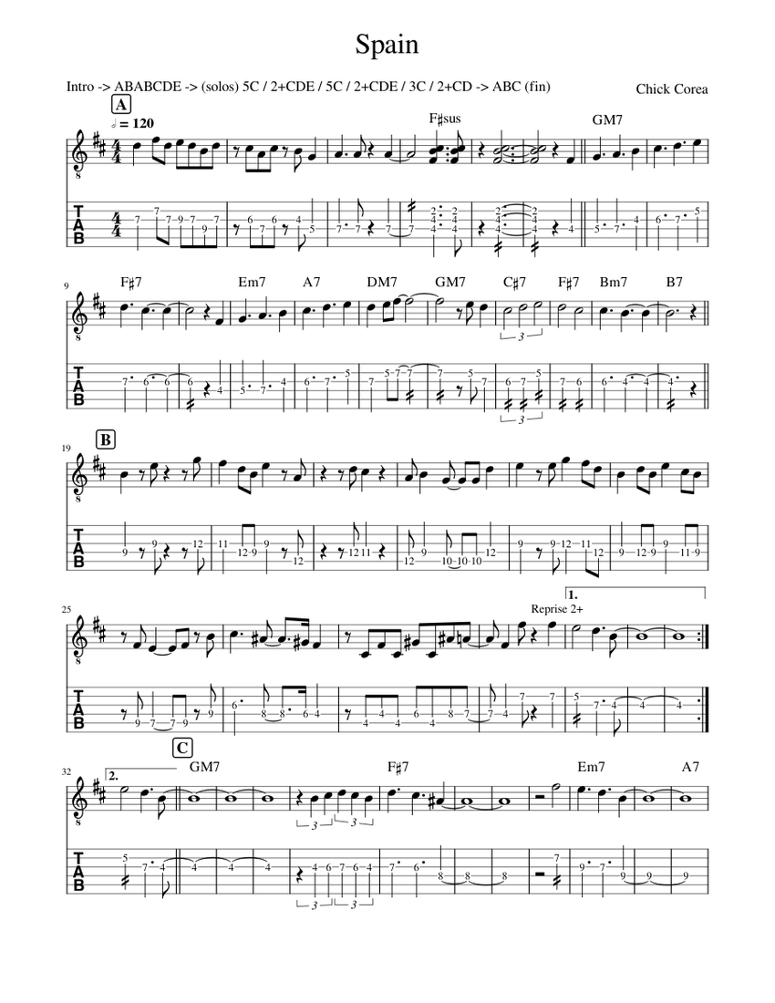 スペイン 楽譜 タブ譜あり コード付き ギター (ソロ) | MuseScore.com