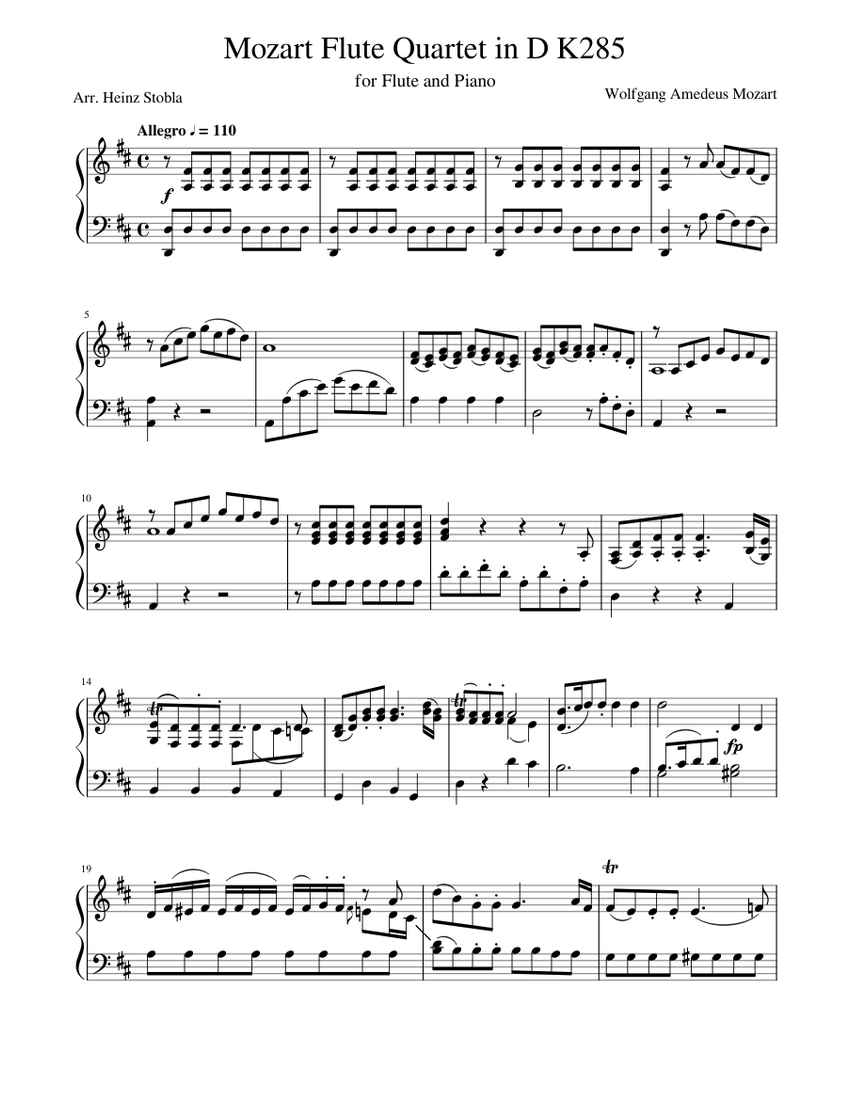 モーツァルト フルート四重奏曲 ニ長調 フルートとピアノのための K285