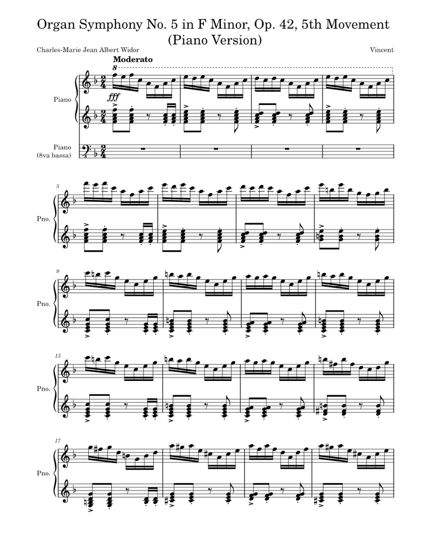 ヴィドール - オルガン交響曲第5番 トッカータ (ピアノ版) 楽譜 ピアノ