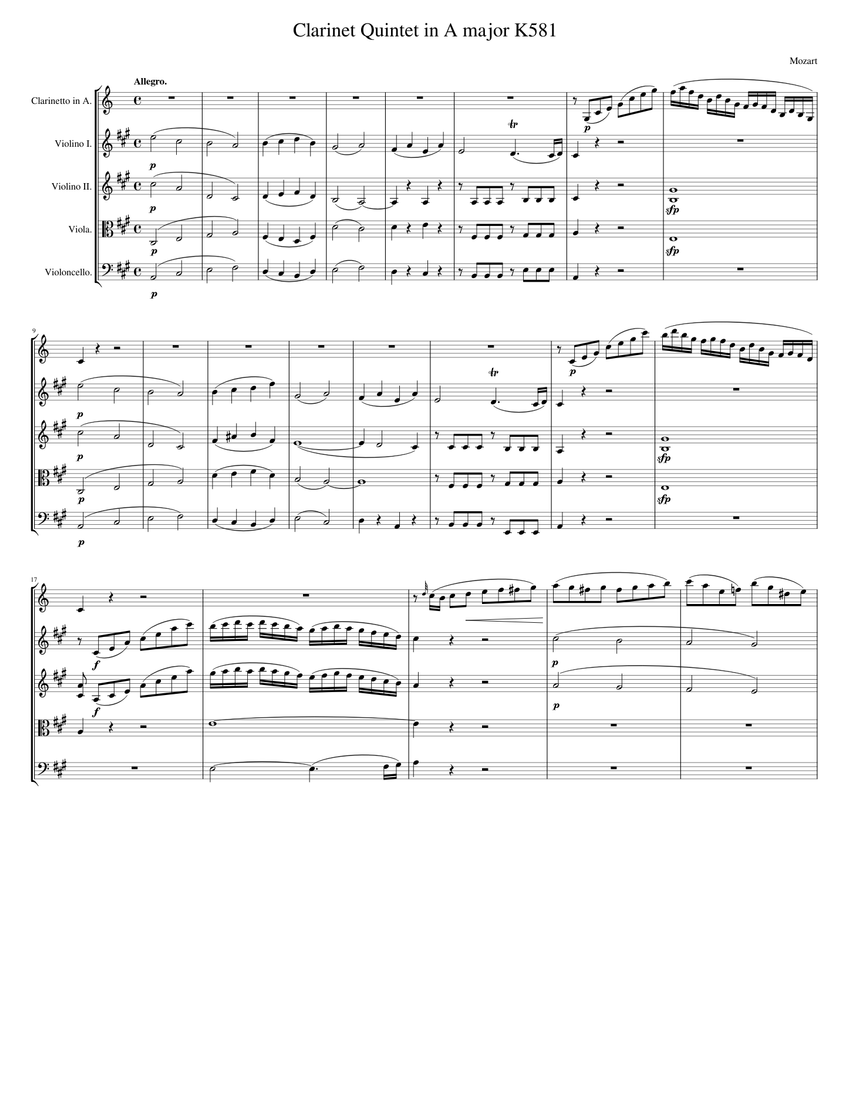 モーツァルト クラリネット五重奏曲 イ長調 K581 楽譜 バイオリン