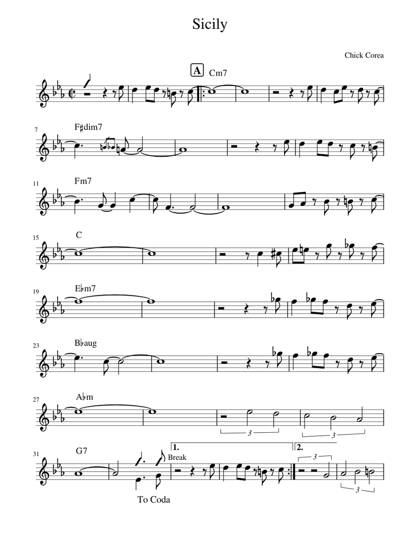 シチリア / チック・コリア 楽譜 コード付き ピアノ (ソロ) easy