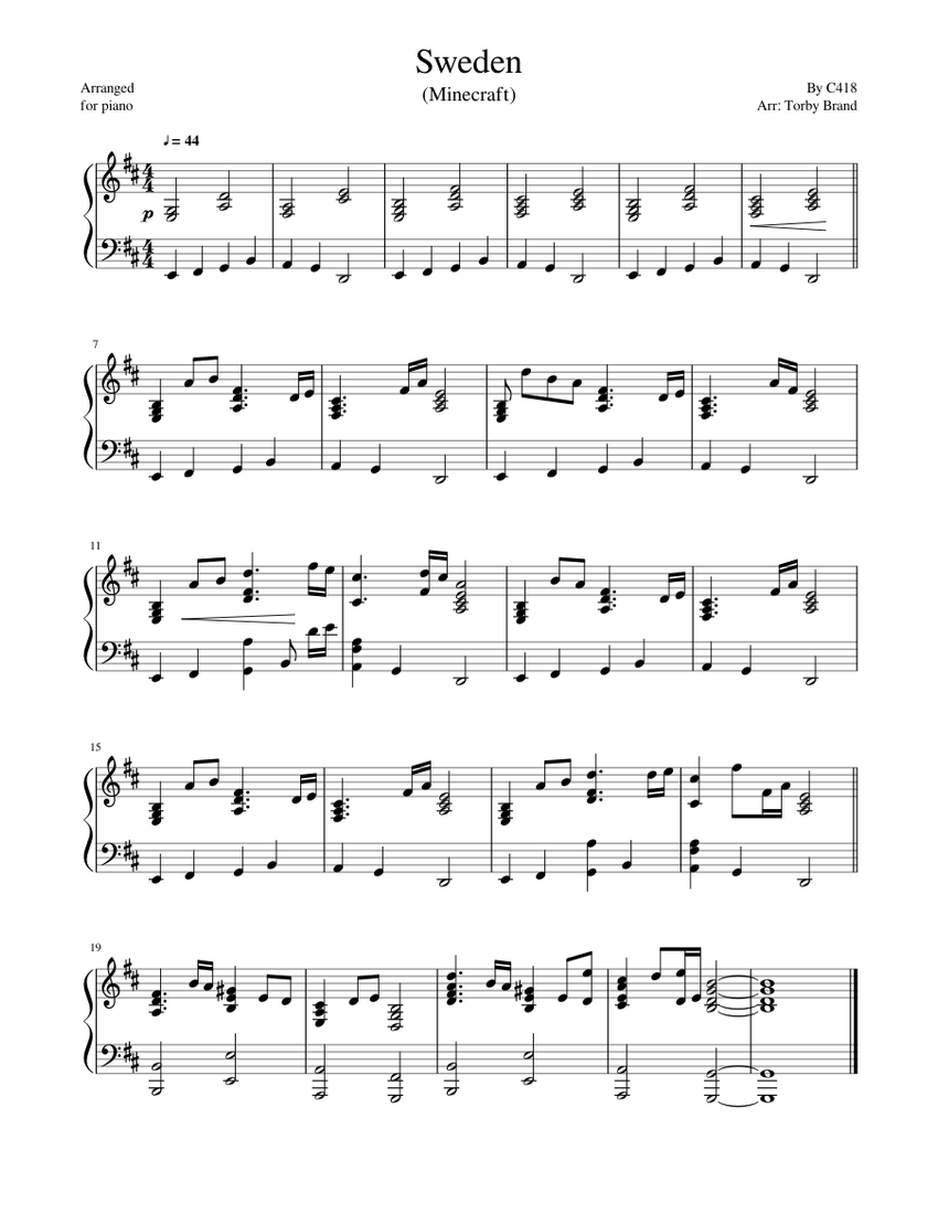 スウェーデン (マインクラフト) 楽譜 ピアノ (ソロ) easy | MuseScore.com