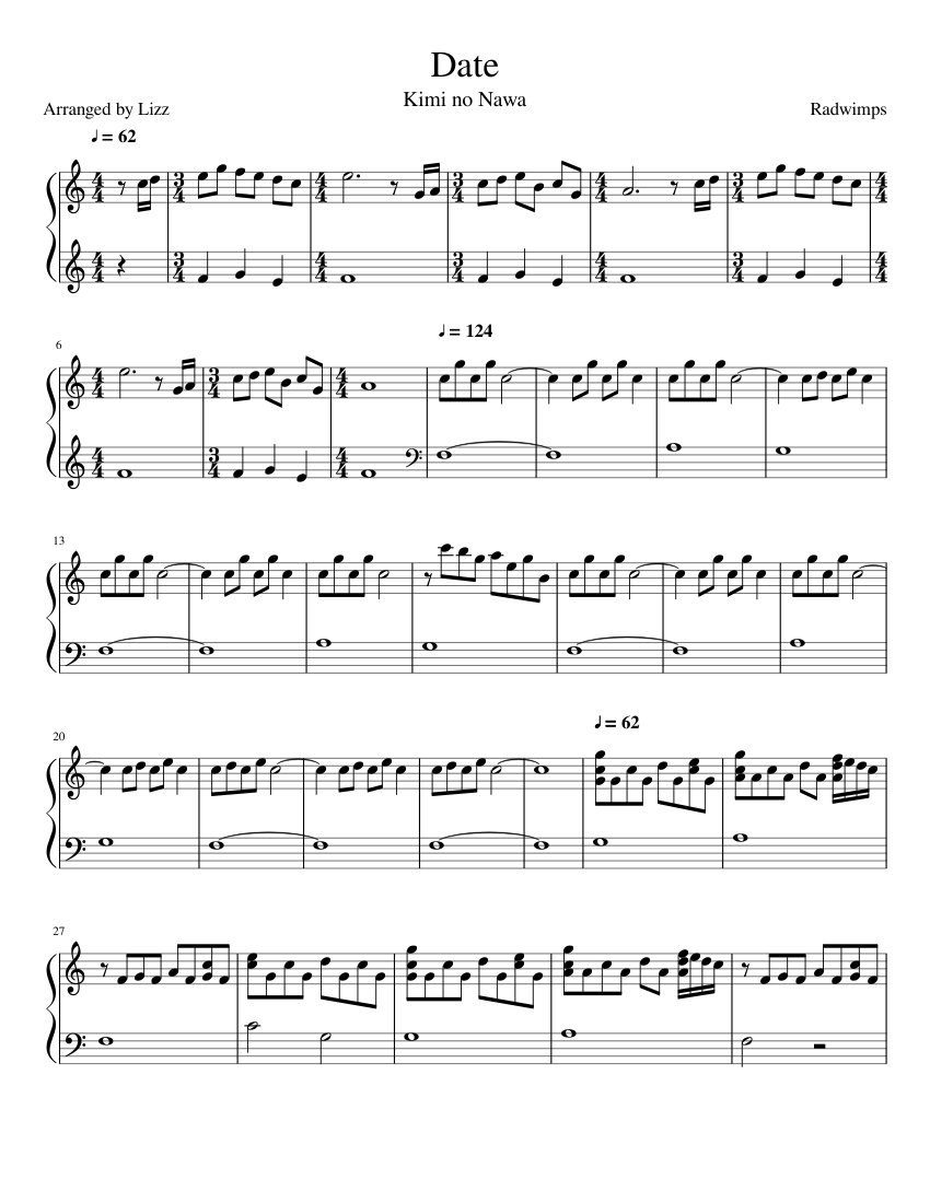 デート (RADWIMPS) 楽譜 ピアノ (ソロ) easy | MuseScore.com