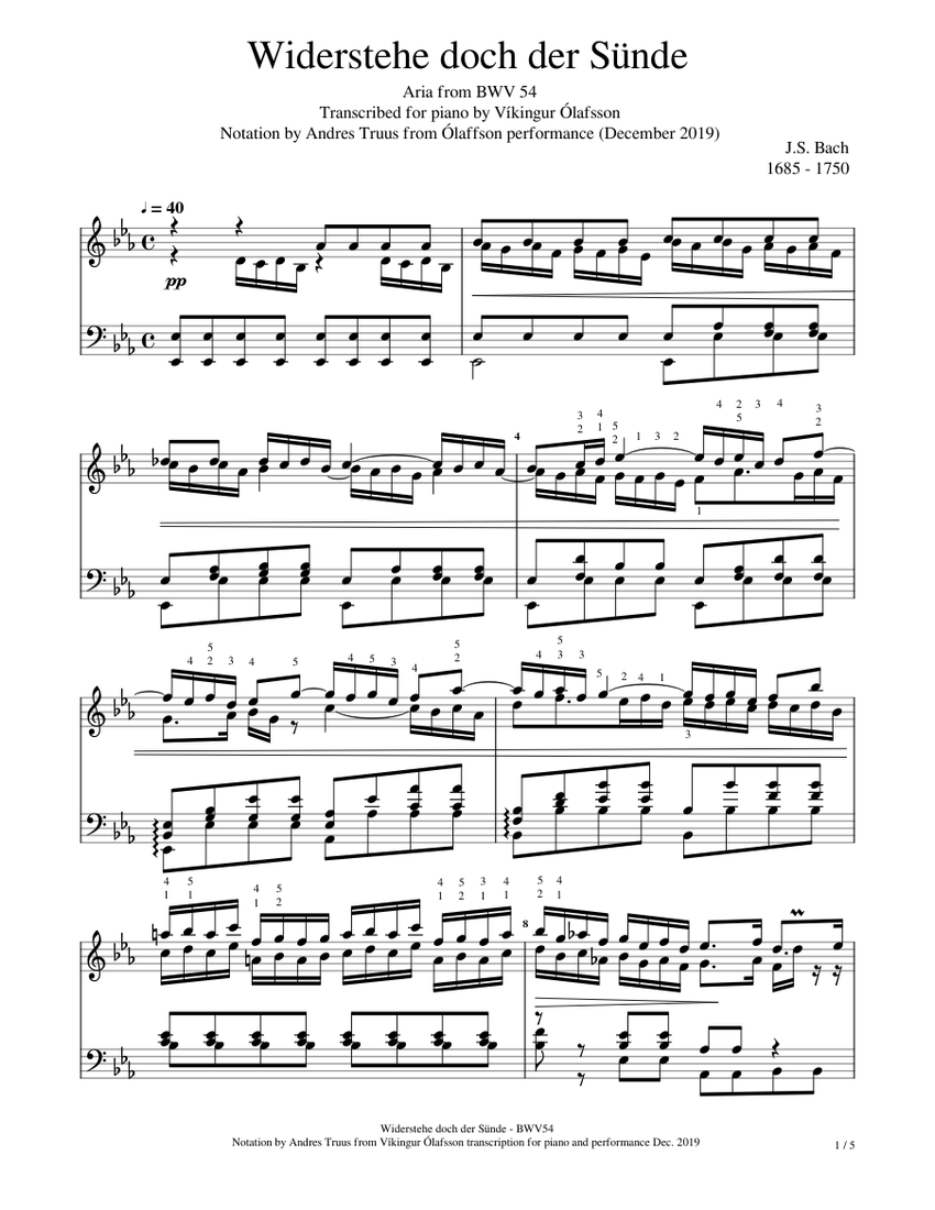 J.S. バッハ - Widerstehe doch der Suende BWV54 - ピアノ編曲 楽譜