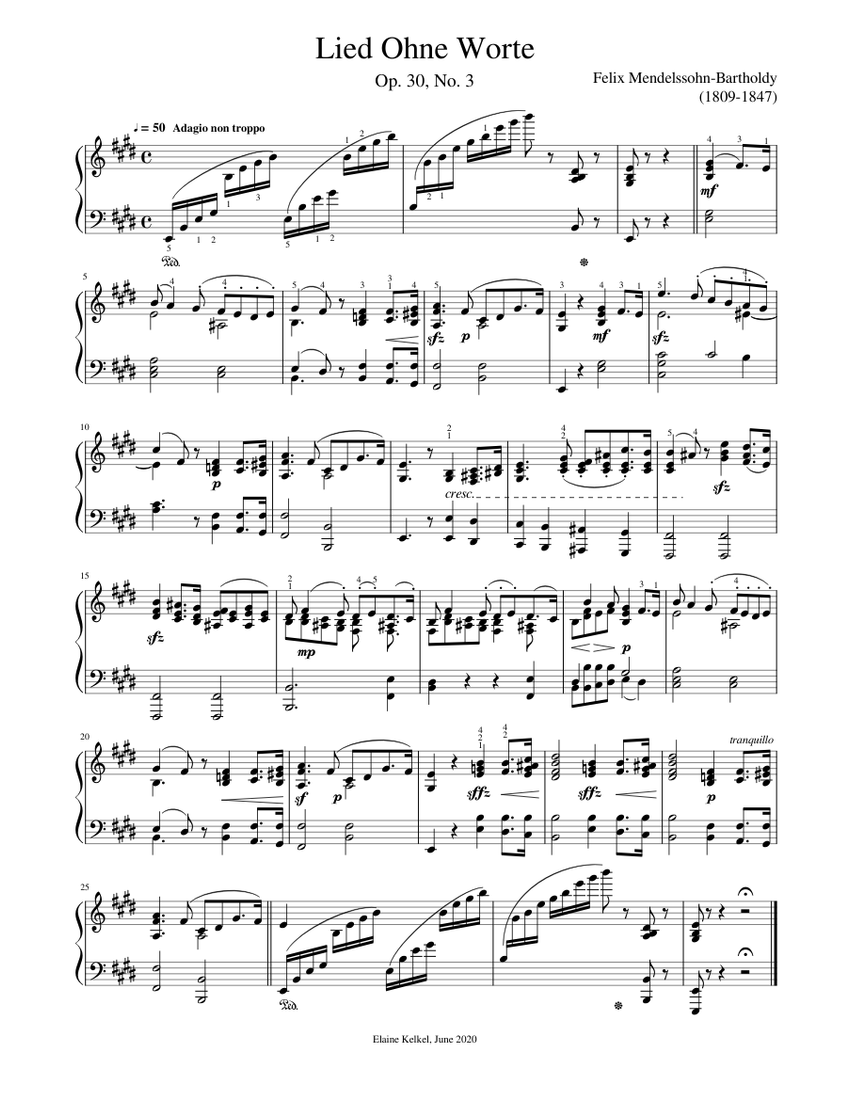 メンデルスゾーン - 無言歌 Op. 30 No. 3 楽譜 ピアノ (ソロ