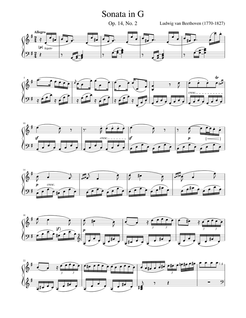 ベートーヴェン - ソナタ ト長調 Op.14 No.2 第1楽章 楽譜 ピアノ