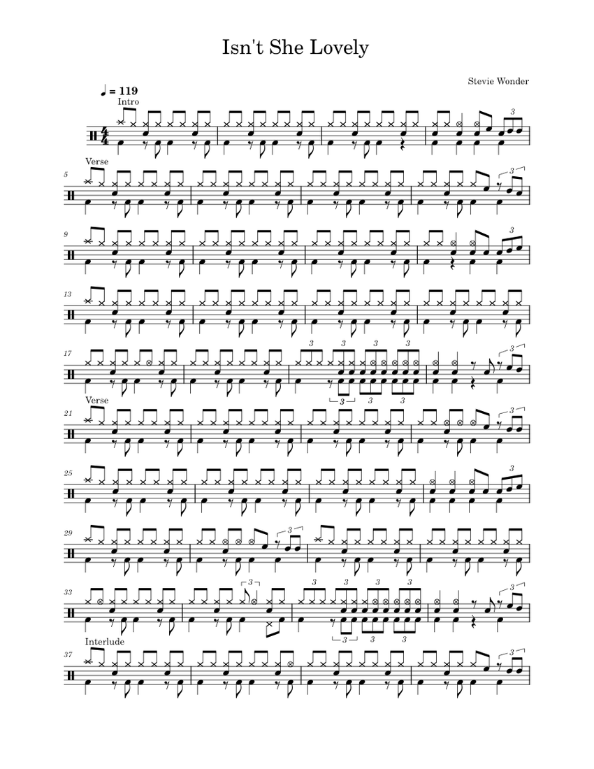 Isn't She Lovely - Stevie Wonder 楽譜 ドラムグループ (ソロ
