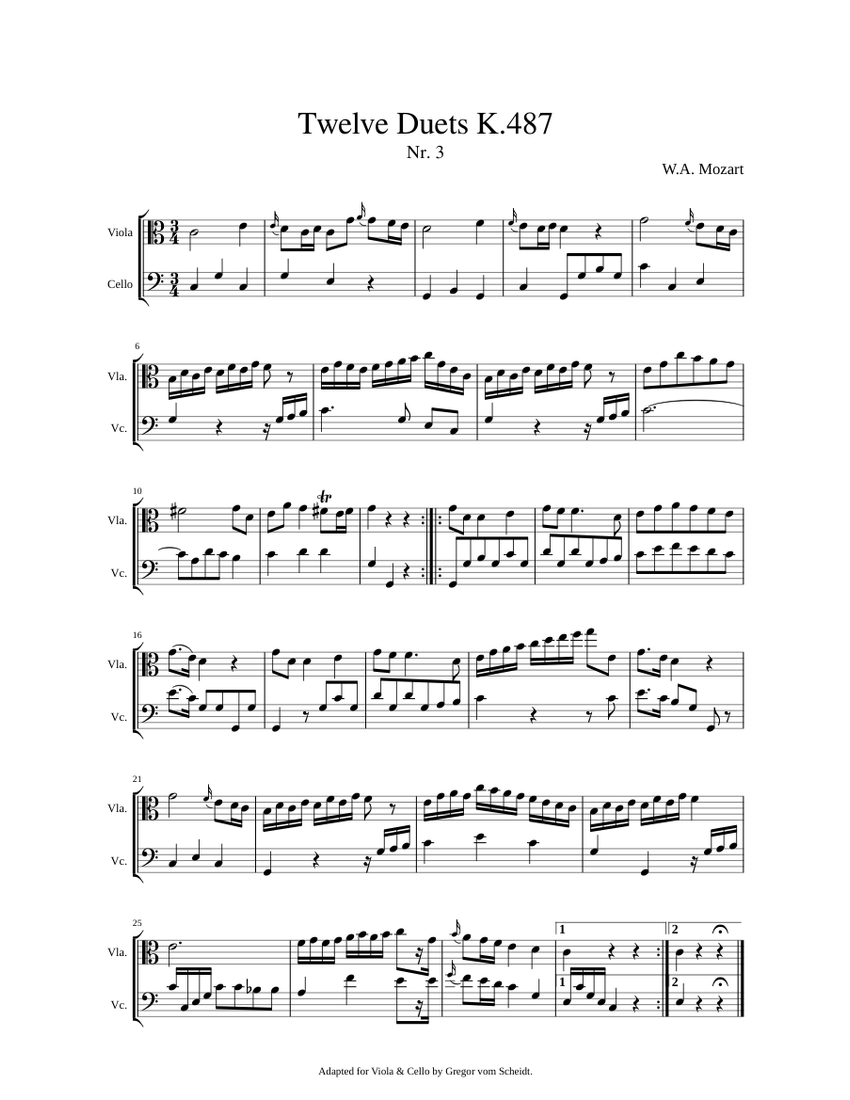 モーツァルト 十二の二重奏曲 K.487 3 楽譜 ビオラ, チェロ (弦楽