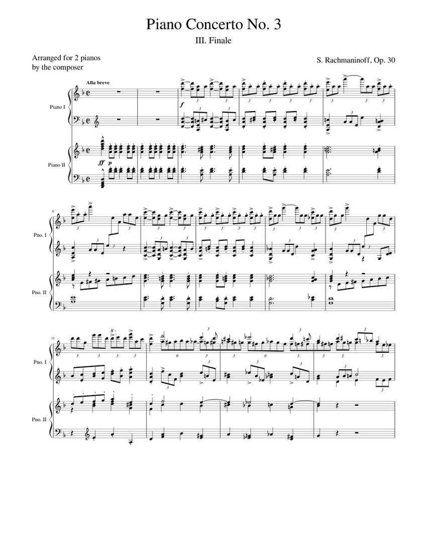 ラフマニノフ ピアノ協奏曲第3番、第3楽章（2台ピアノ用編曲） 楽譜