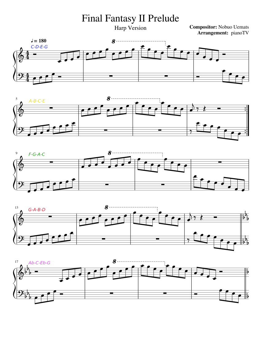 ファイナルファンタジーII - プレリュード (ハープバージョン) 楽譜