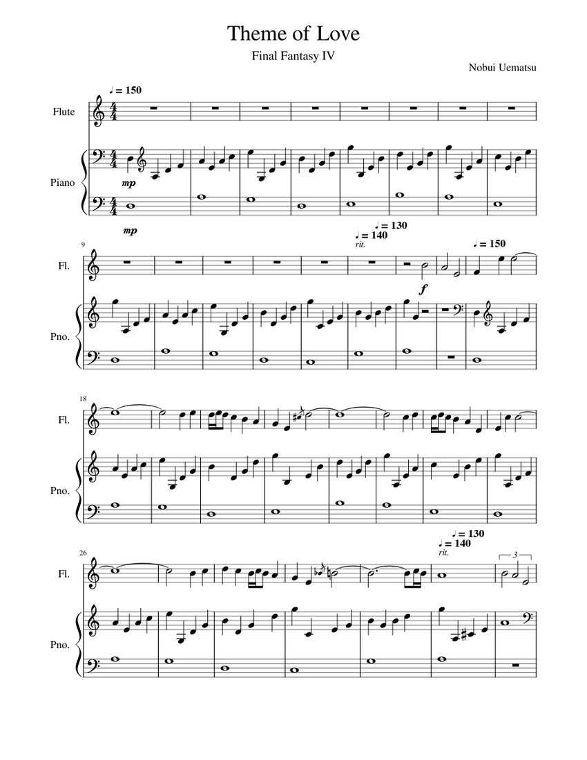 愛のテーマ - ファイナルファンタジーIV 楽譜 ピアノ, フルート (ソロ