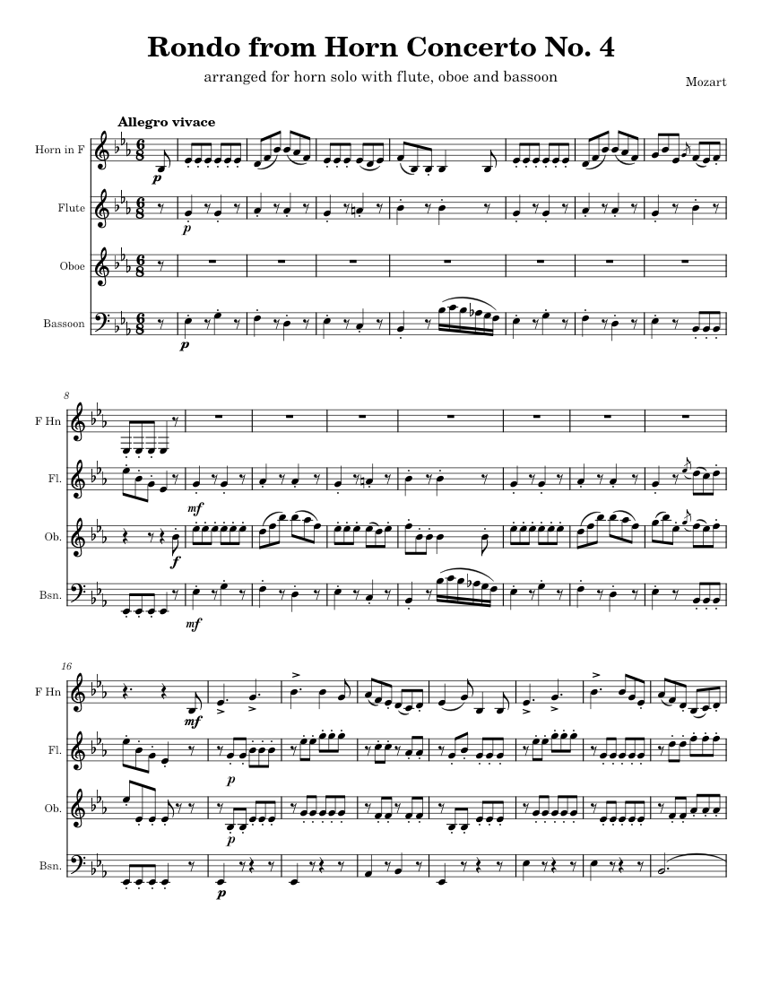 モーツァルト：ホルン協奏曲第4番 K.495 第3楽章 ロンド 楽譜 フルート