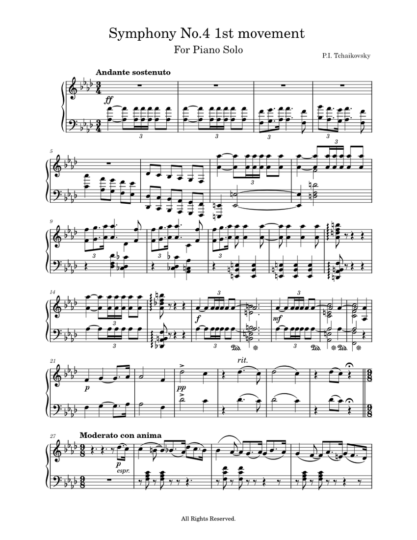 チャイコフスキー 交響曲第4番 ヘ短調 第1楽章 ピアノソロ用 楽譜