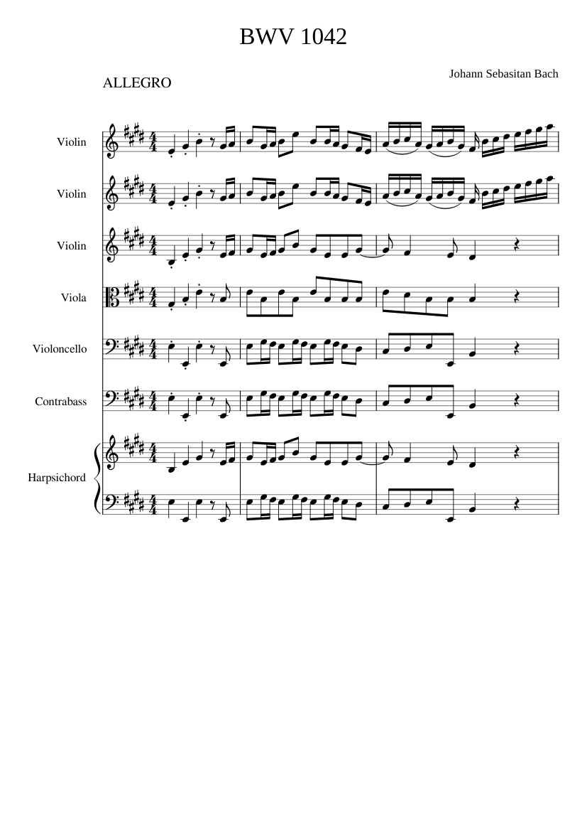 BWV 1042 ヴァイオリン協奏曲 ホ長調 楽譜 ハープシコード, コントラ
