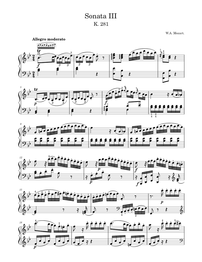ソナタ第3番、第1楽章 K. 281 楽譜 ピアノ (ソロ) | MuseScore.com