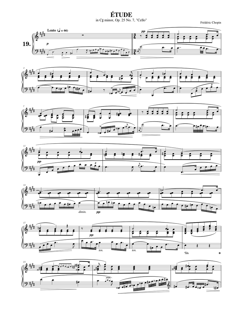 フレデリック・ショパン: ハ短調の練習曲 Op.25 No.7 「チェロ」 楽譜