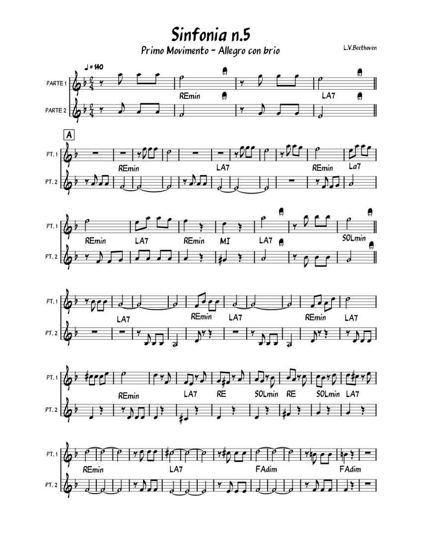 ベートーヴェン：交響曲第5番「運命」第1楽章 楽譜 コード付き ピアノ