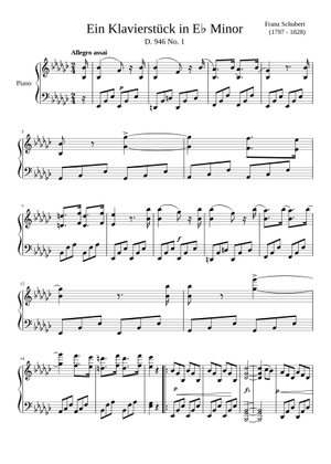 フランツシューベルト：   ニースミュレリン フランツ・シューベルト、3つのピアノ曲 D.946 第3番 アレグロ 楽譜