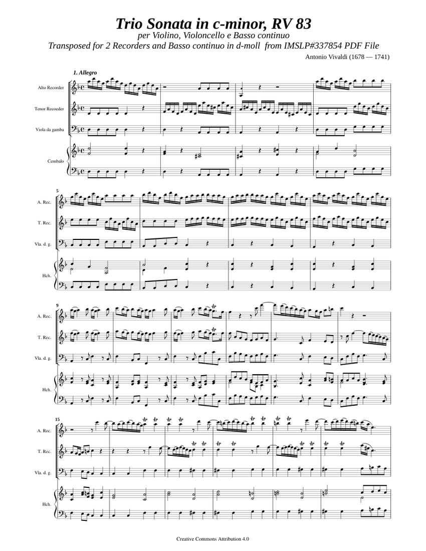 Vivaldi, A. _ Trio Sonata c-moll, RV 83 [2 Rec, Viol, Hch, d-moll] 楽譜 ...