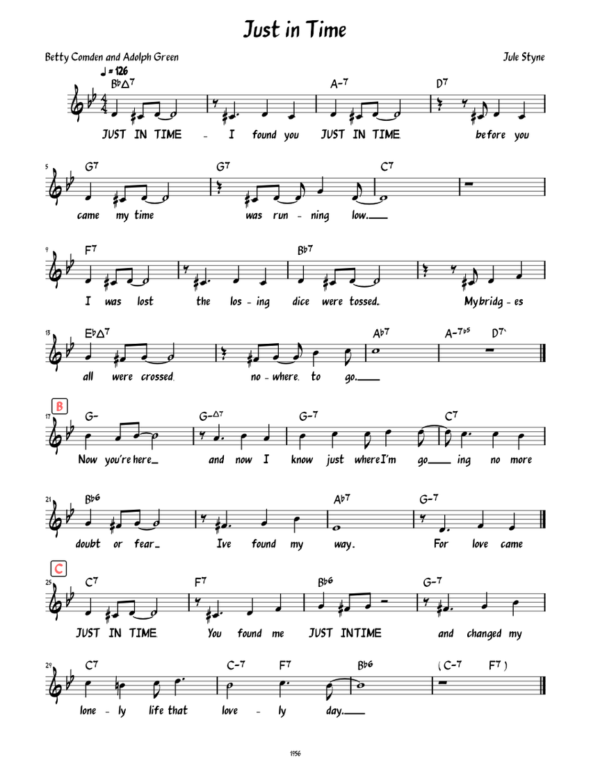 In Time Song ジャスト・イン・タイム(歌詞付きリードシート) 楽譜 コード付き ピアノ (ソロ) easy | MuseScore.com