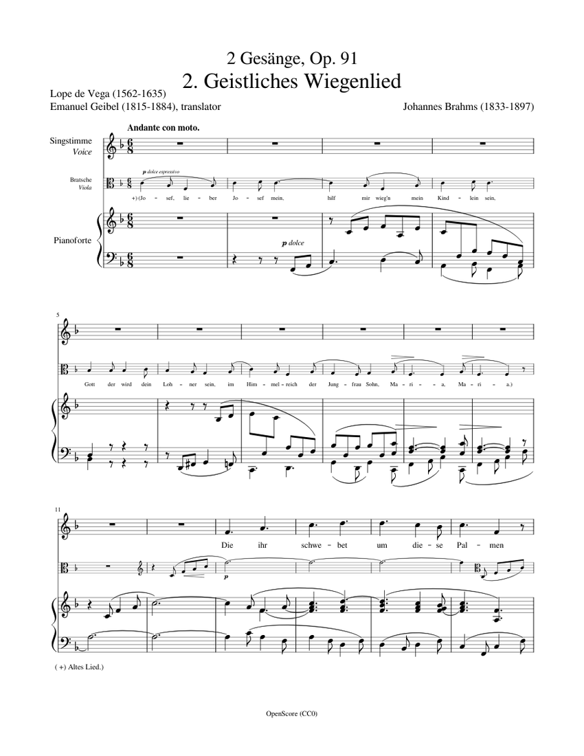 ブラームス ヨハネス - 2つの歌 Op.91 No.2 - 聖なる子守唄 楽譜