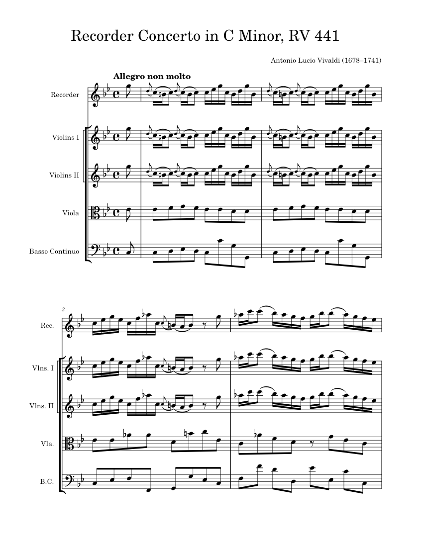 ヴィヴァルディ—リコーダー協奏曲 ハ短調 RV 441 楽譜 ビオラ, チェロ