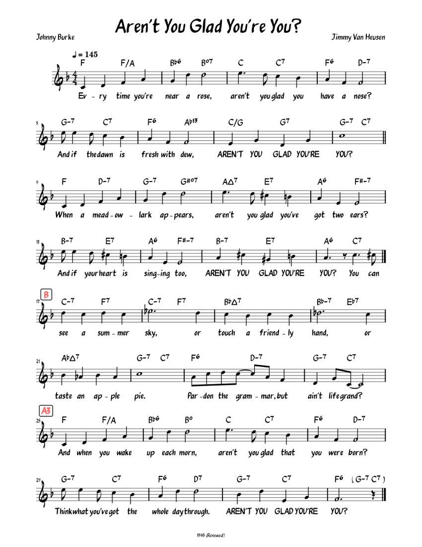 Aren't You Glad You're You? (Lead sheet with lyrics ) 楽譜 コード付き ピアノ (ソロ ...