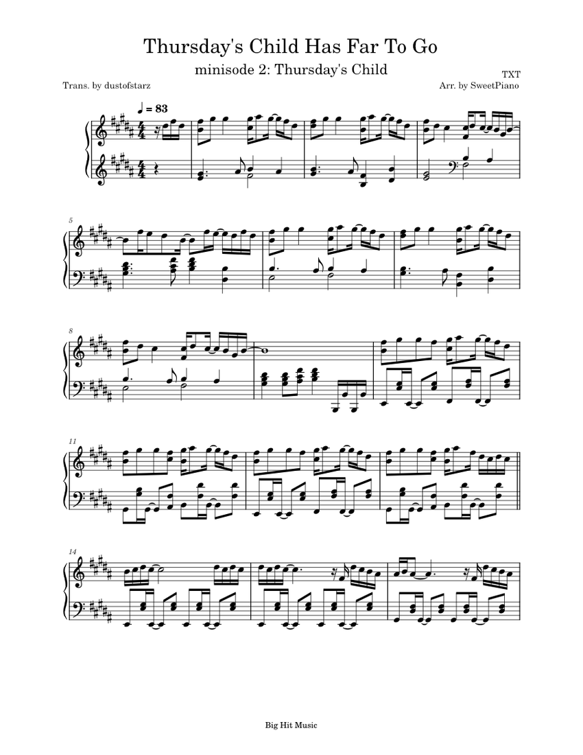 木曜日の子供は遠くへ行く - TXT (SweetPiano) 楽譜 ピアノ (ソロ