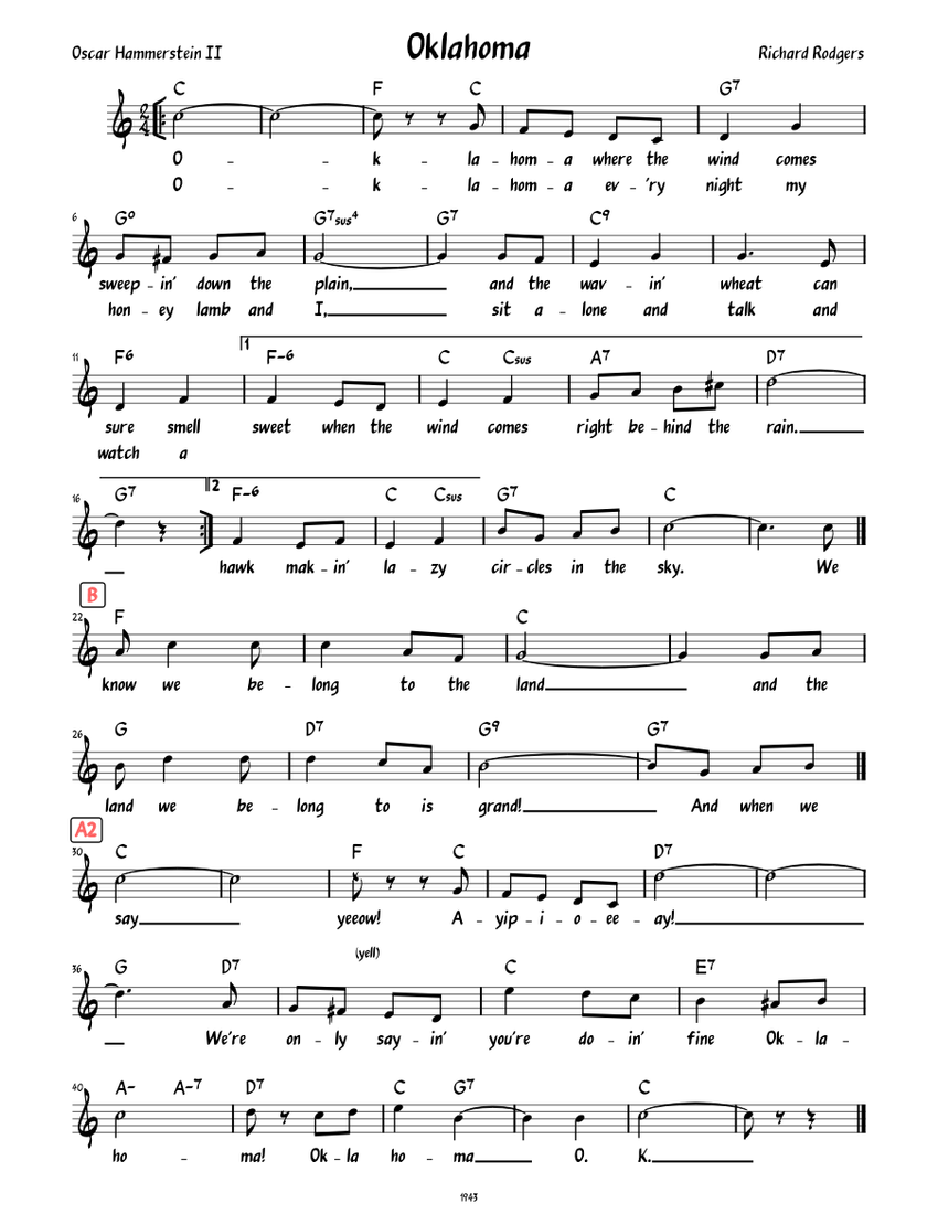 オクラホマ（歌詞付きリードシート） 楽譜 コード付き ピアノ (ソロ