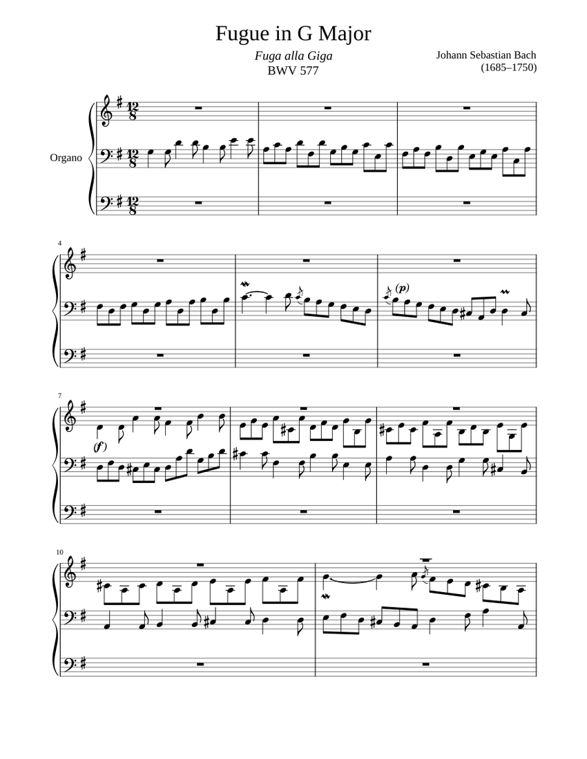 フーガ BWV 577 ト長調「フーガ・アラ・ジーガ」 楽譜 オルガン (ソロ