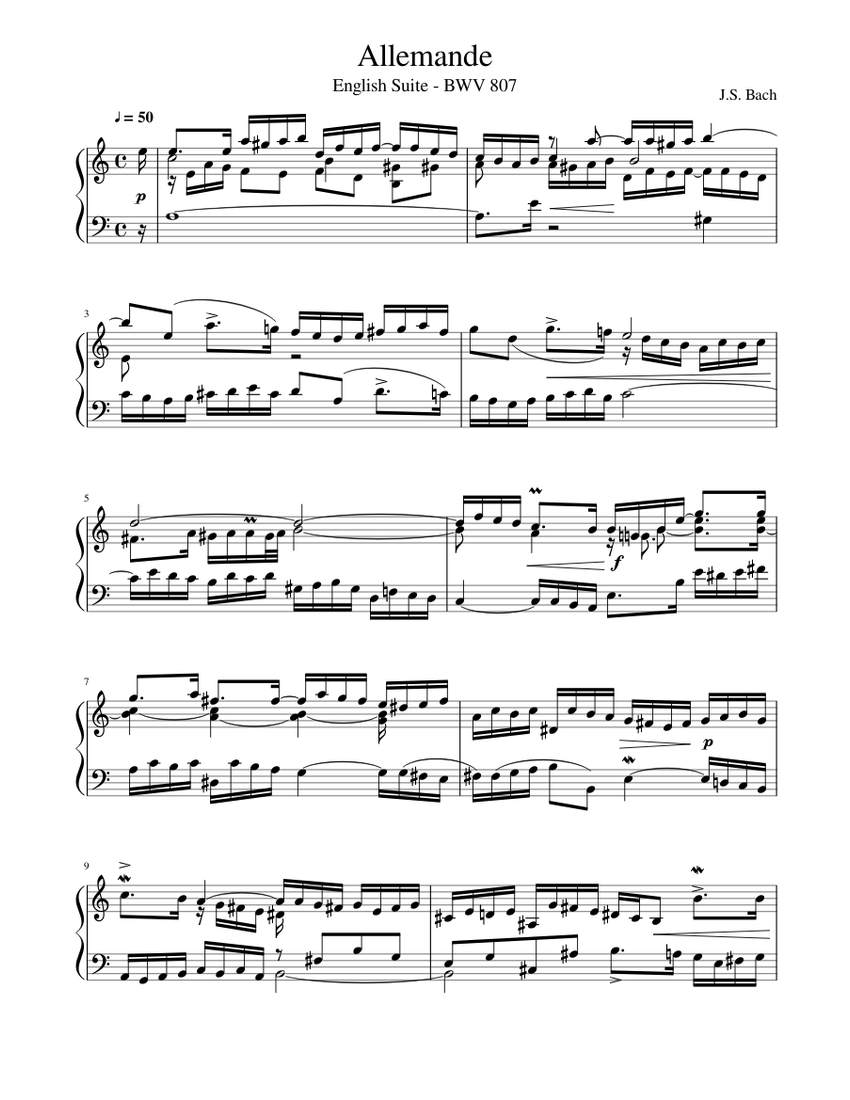 バッハ BWV 807 イギリス組曲 アルマンド 楽譜 ピアノ (ソロ