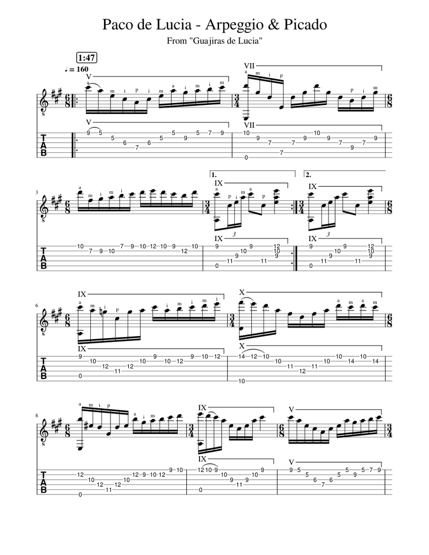 Paco de Lucia - Arpeggio & Picado 楽譜 タブ譜あり ギター (ソロ