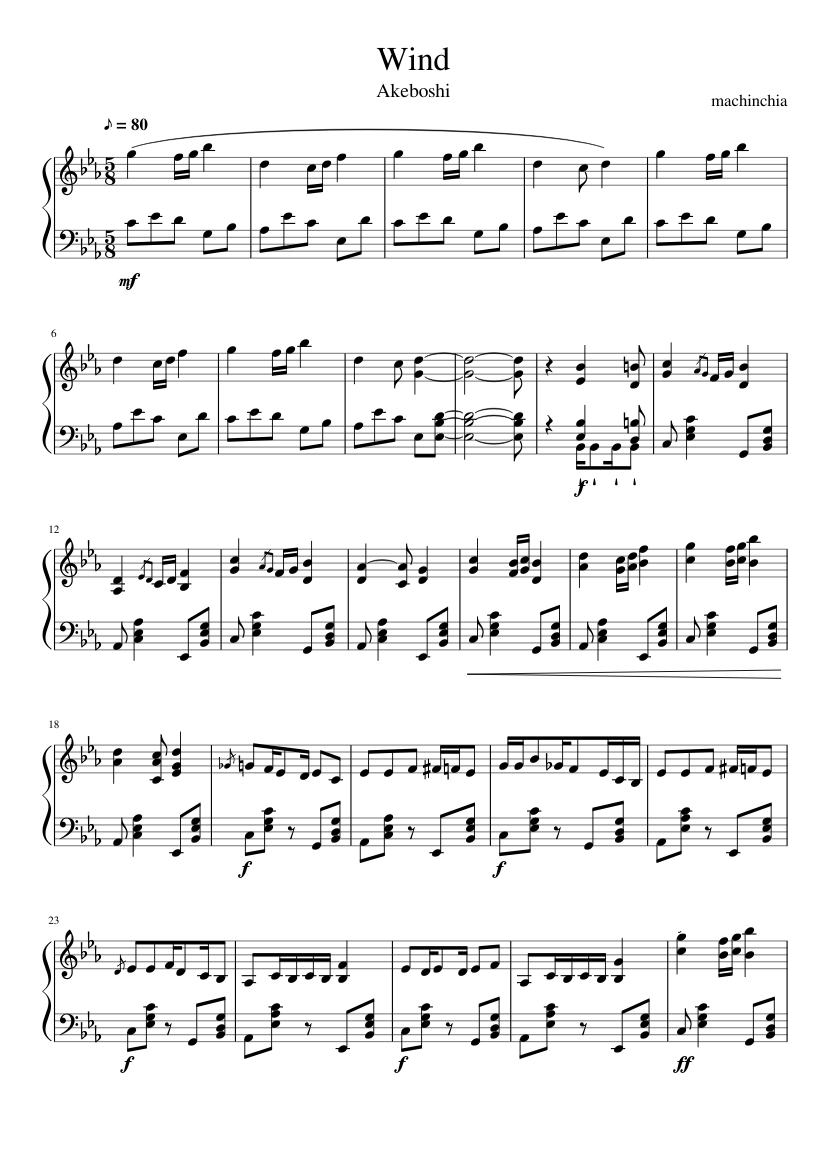 Wind(アケボシ)-ナルト ED.01 楽譜 ピアノ (ソロ) | MuseScore.com