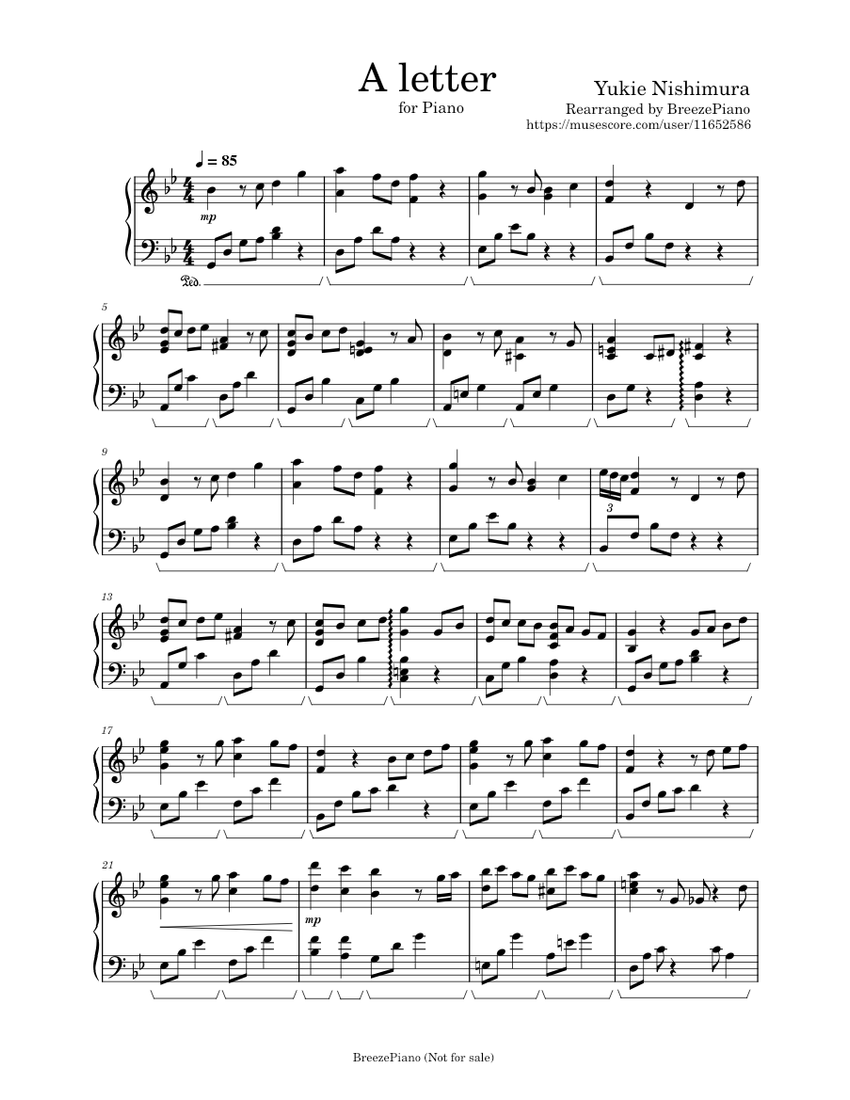 西村由紀江による手紙 - BreezePiano 楽譜 ピアノ (ソロ) | MuseScore.com