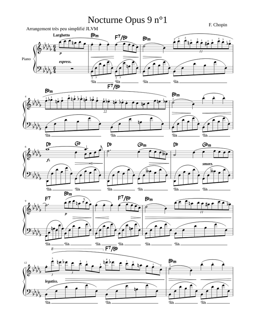 ショパン ノクターン第1番 Op. 9 No. 1 (やや簡略化) 楽譜 コード付き