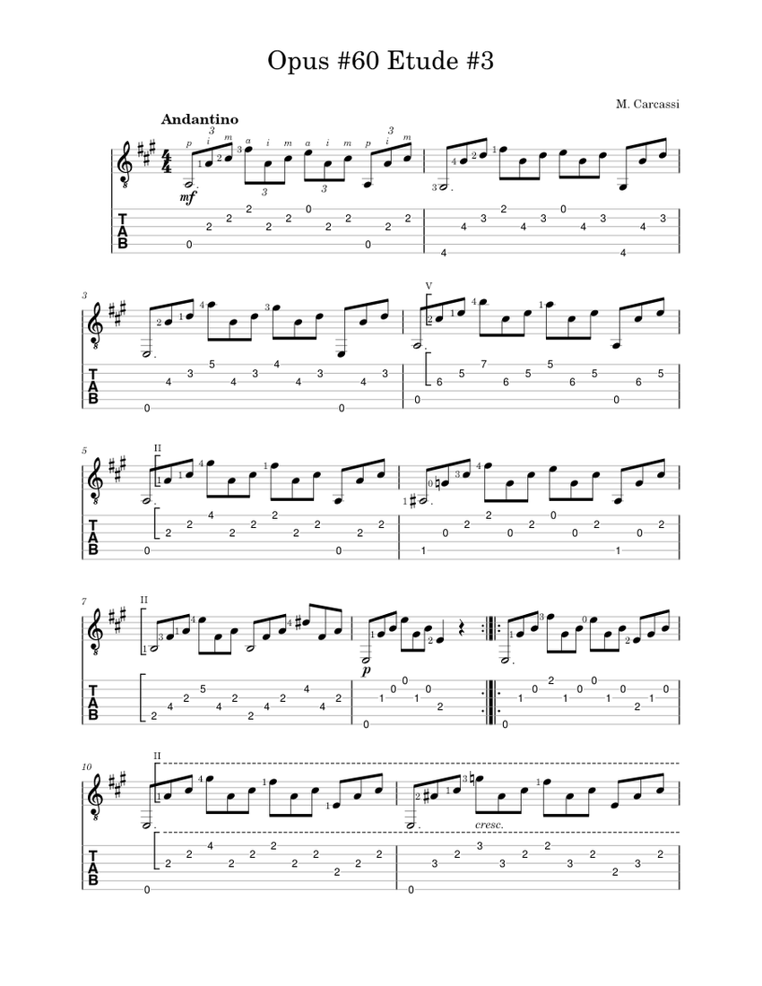 M.カルカッシ - 作品番号60 エチュード番号3 (タブ付き) 楽譜 タブ譜