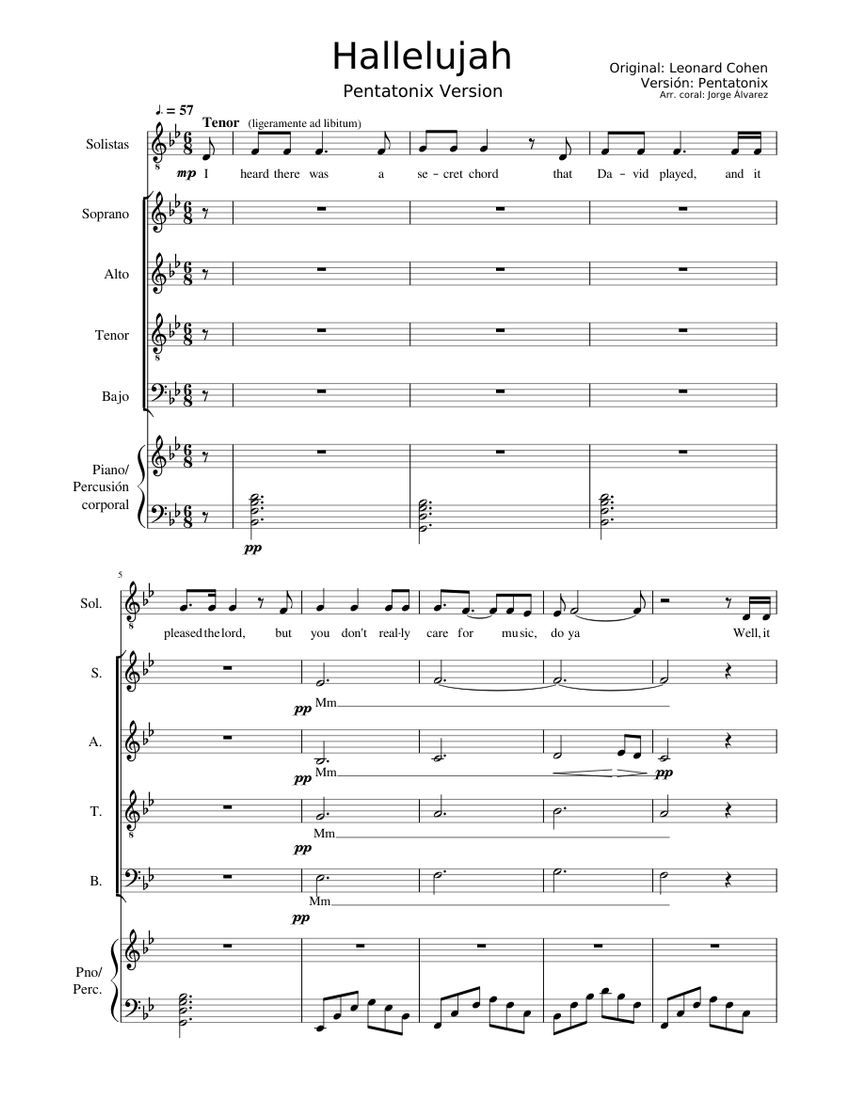 ハレルヤ（ペンタトニックス版）SATB合唱用 楽譜 ピアノ, ソプラノ