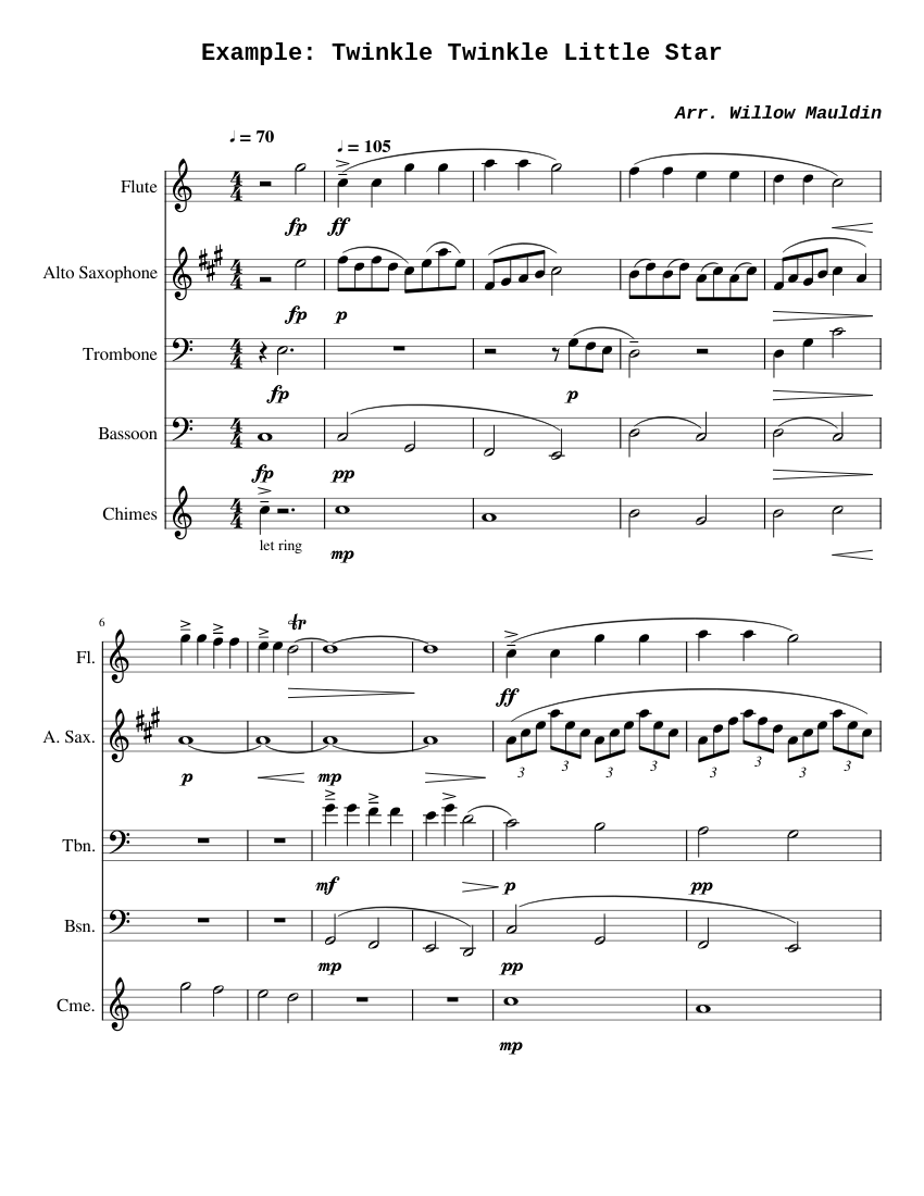 Essay Example Twinkle Example: Twinkle Twinkle Little Star 楽譜 トロンボーン, フルート, バスーン, アルトサックス ...