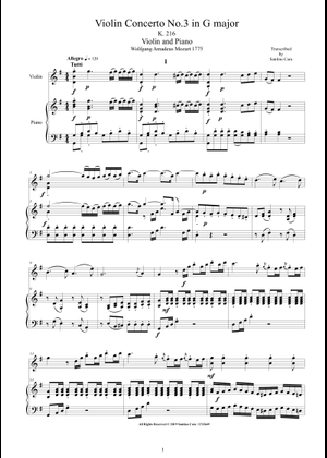 モーツァルト：ヴァイオリン協奏曲第3番 ト長調 K.216 楽譜 バイオリン