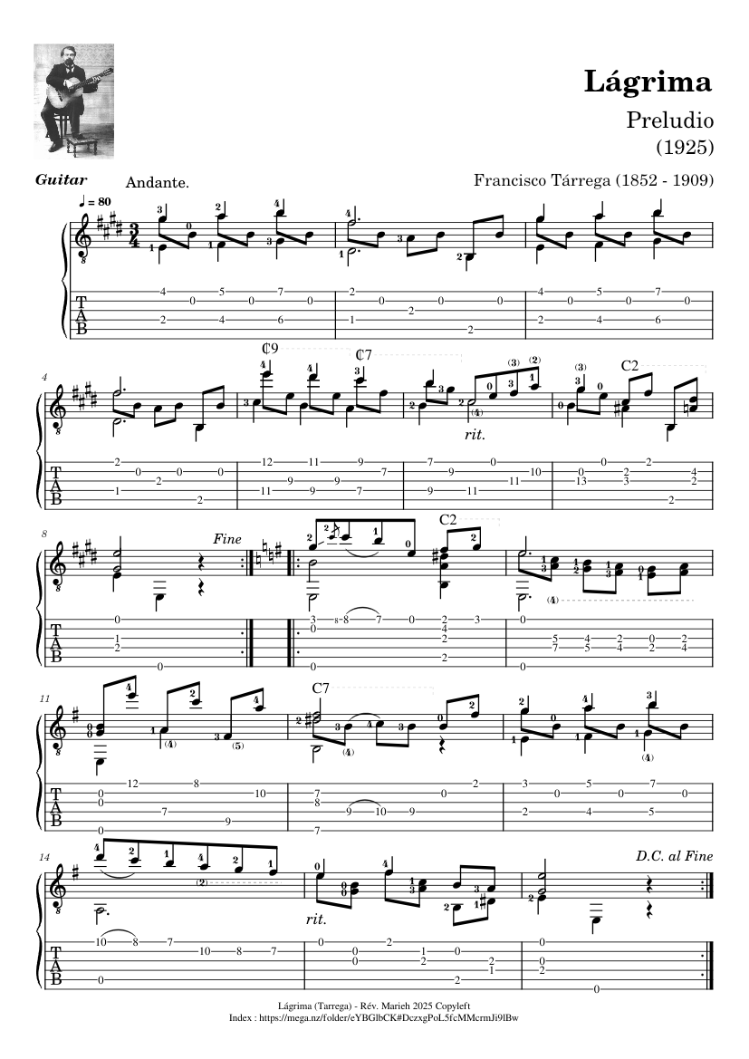 ラグリマ - フランシスコ・タレガ (1852 - 1909) タブ譜 楽譜 タブ譜