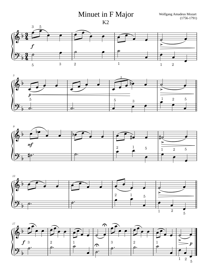 Minuet In F Major K2 – Wolfgang Amadeus Mozart 楽譜 ピアノ (ソロ