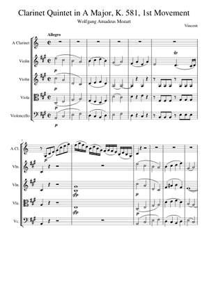 モーツァルト クラリネット五重奏曲 イ長調 K581 楽譜 バイオリン