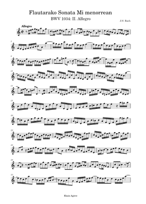 バッハ：フルート・ソナタ BWV 1034 第2楽章 アンダンテ 楽譜