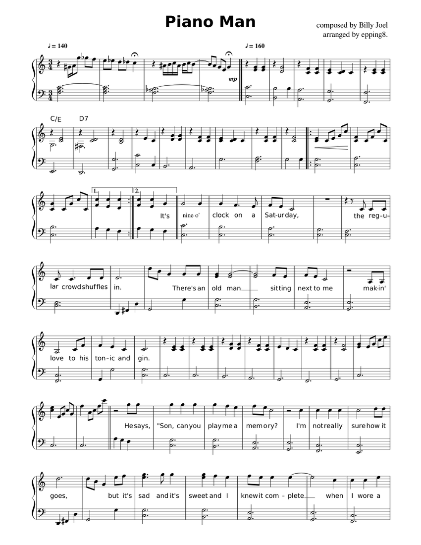 ピアノマン 楽譜 コード付き ピアノ (ソロ) | MuseScore.com