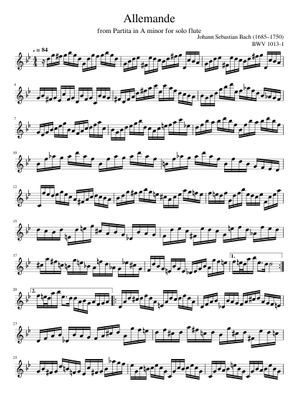BWV 1013: 独奏フルートのためのイ短調パルティータ - フルート音 楽譜