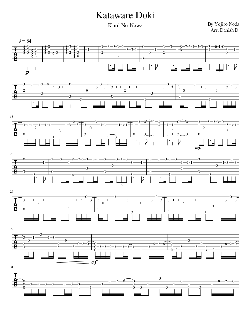 カタワレドキ 楽譜 タブ譜あり ギター (ソロ) | MuseScore.com