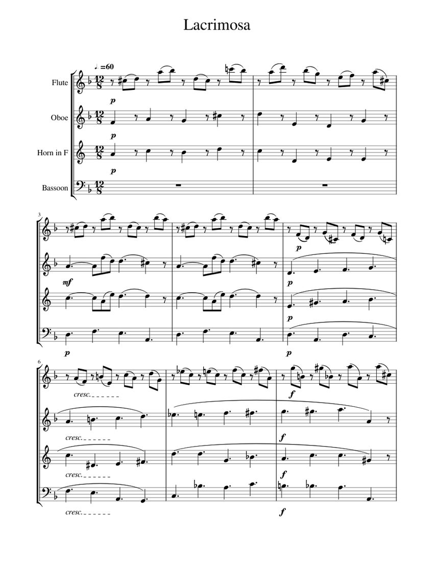 Mozart Lacrimosa 楽譜 バイオリン, ビオラ, チェロ (木管四重奏
