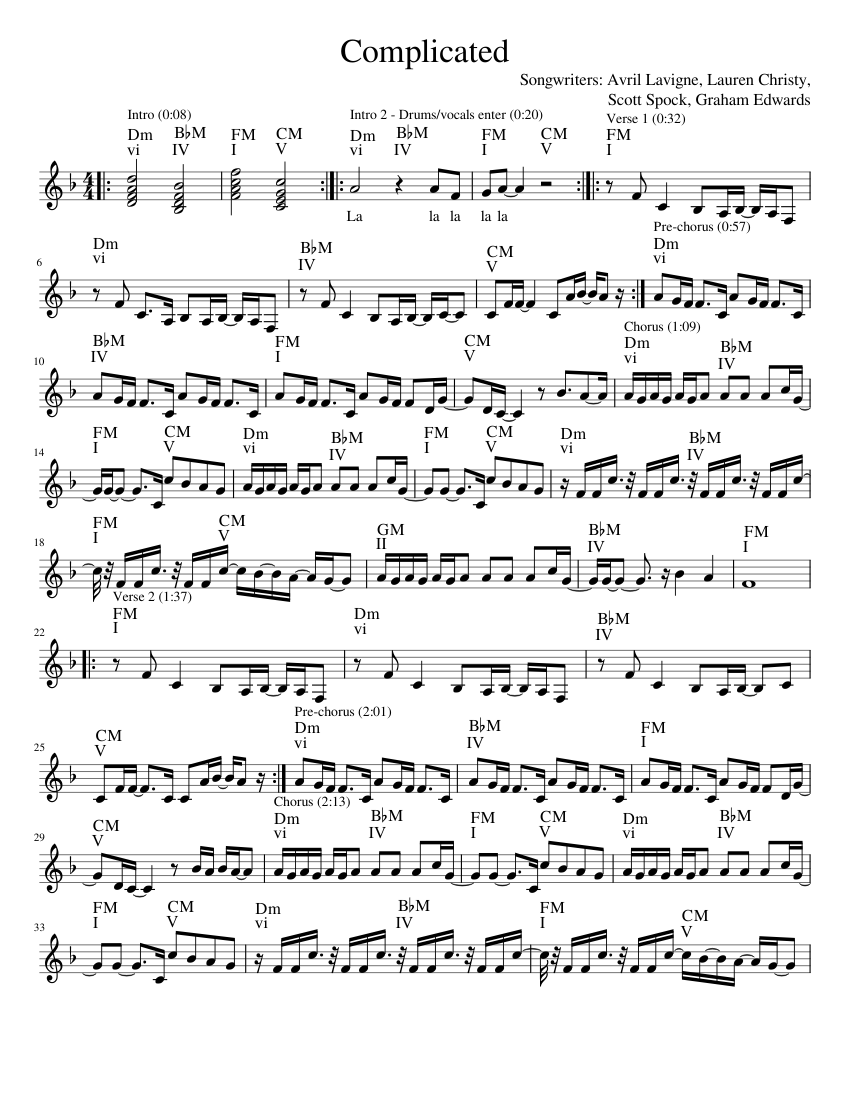 Complicated 楽譜 コード付き ピアノ (ソロ) easy | MuseScore.com
